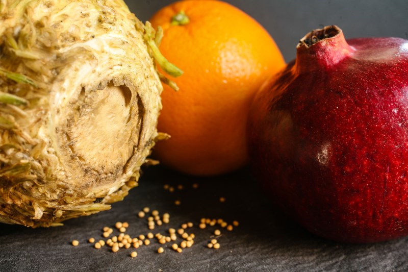 celery root, orange, pomegranate, mustard seeds