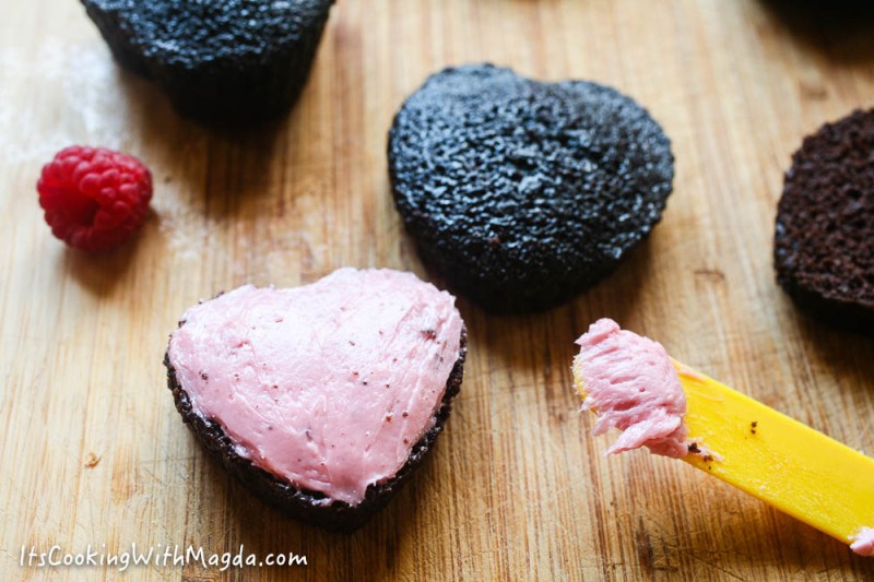 chocolate heart shaped cupcake with pink frosting