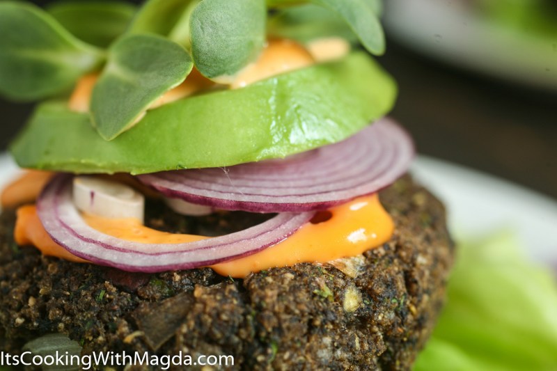 mushroom burger with sriracha mayo