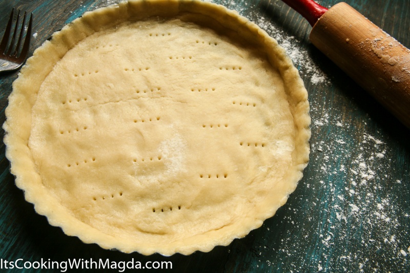 tart dough rolled out in a tart pan pricked with a fork