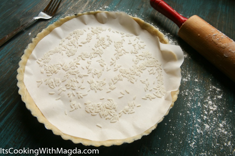 tart dough in a tart pan covered with parchment paper and rice