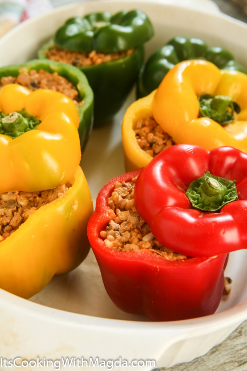 bell peppers stuffed with brown rice, ground turkey and veggies
