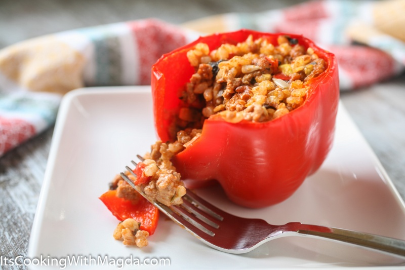 bell peppers stuffed with rice, meat, vegetables