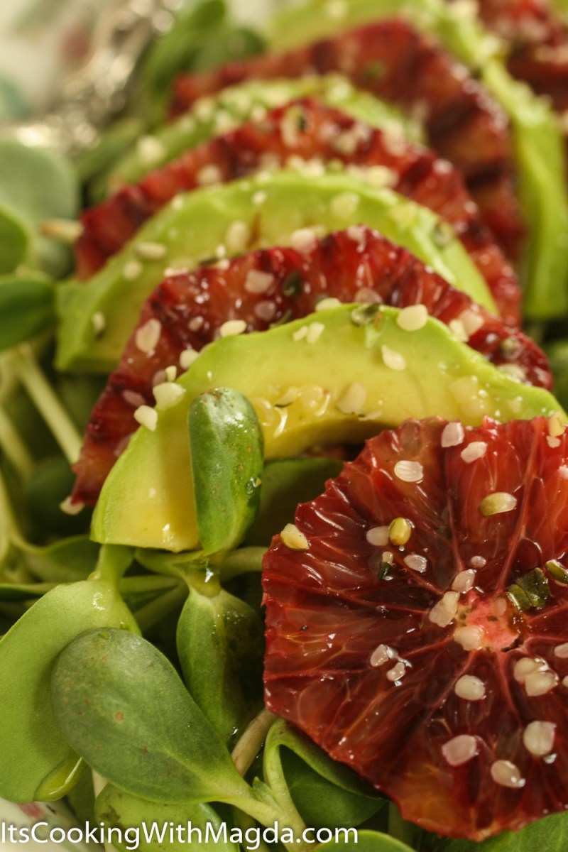 Sunflower greens with sloced avocado and blood orange