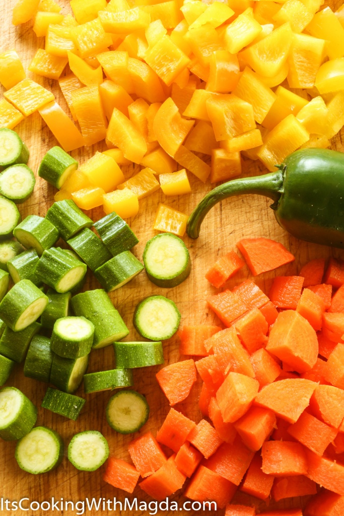 chopped carrot, yellow bell pepper, zucchini and jalapeno