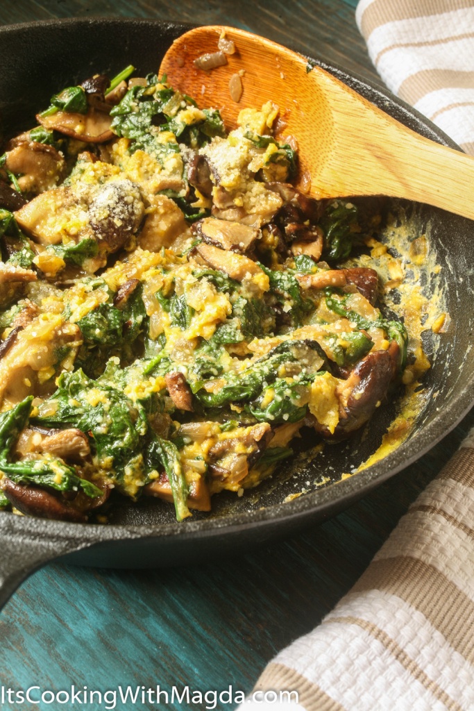 Eggs with sauteed mushrooms and greens
