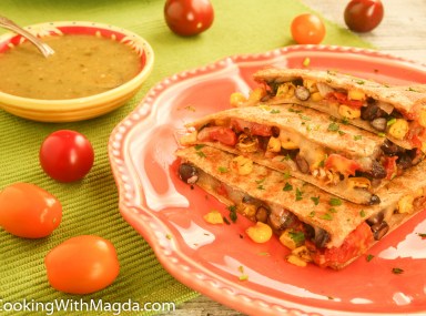 veggie and cheese quesadillas with salsa verde on a side