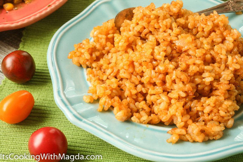 Spanish rice on a blue plate