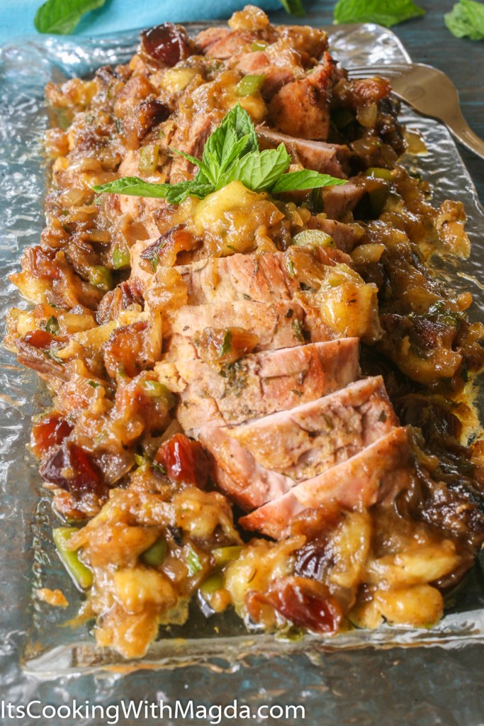 Platter with roasted pork tenderloin and banana-dates chutney