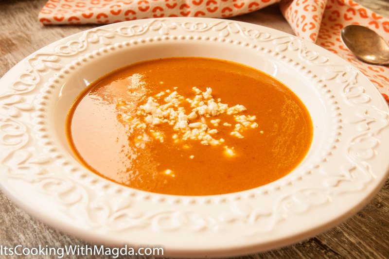 roasted eggplant and tomato soup with goat cheese crumbles