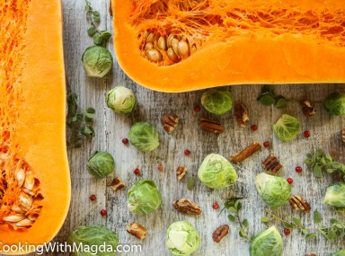 halved butternut squash, Brussels sprouts, pecans