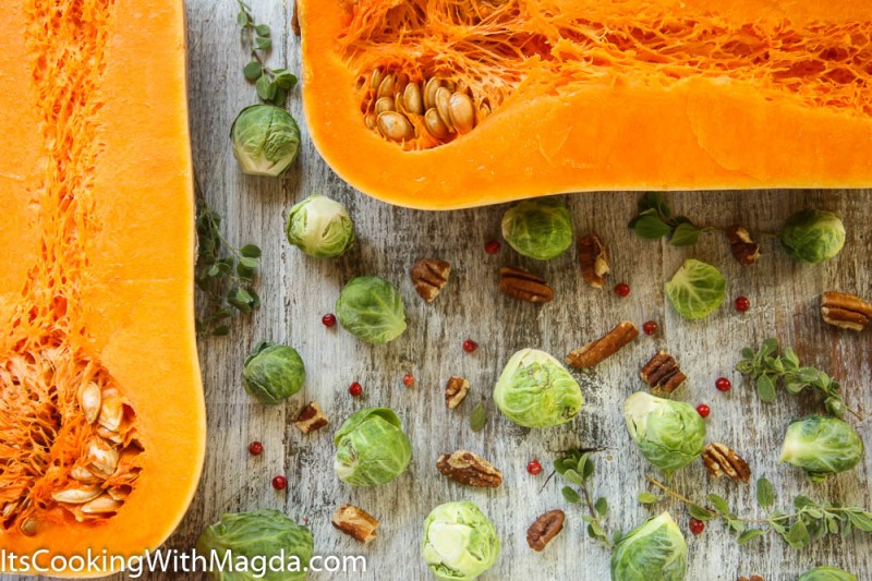 halved butternut squash, Brussels sprouts, pecans
