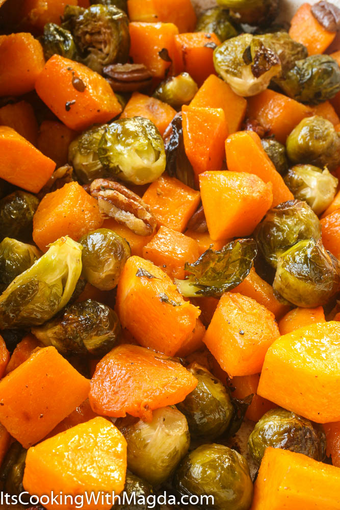 roasted butternut squash and Brussels sprouts with pecans