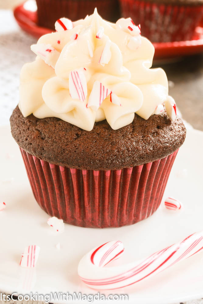 Chocolate Peppermint cupcake with peppermint frosting and candy canes