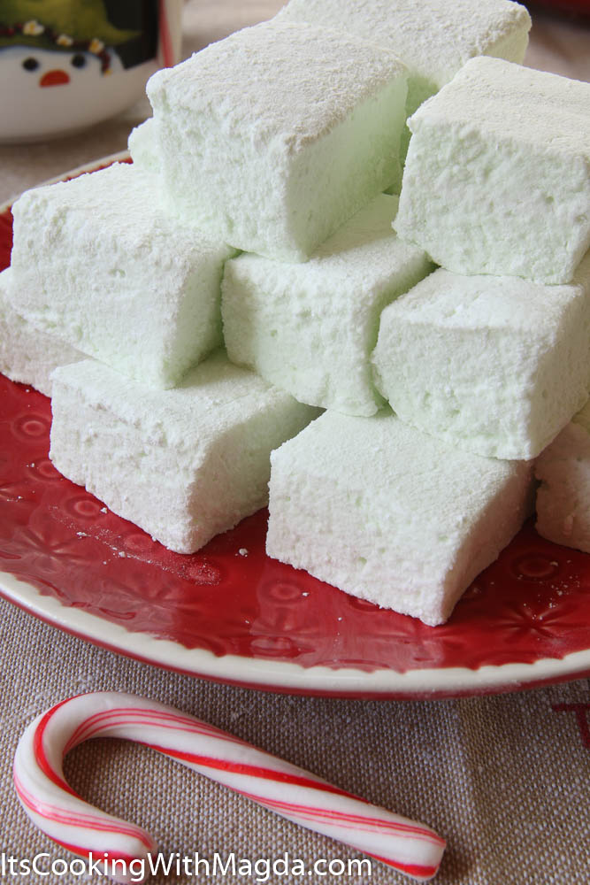 Peppermint marshmallows on a red plate