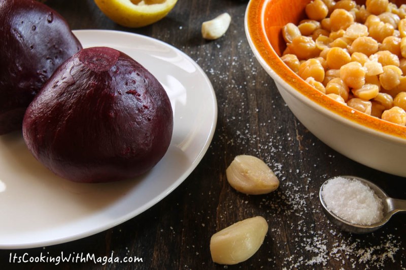 cooked beets, garbanzo beans, garlic