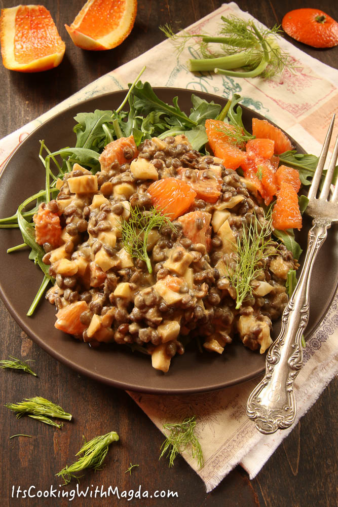 french lentils, fennel and cara cara orange salad with tahini dressing 