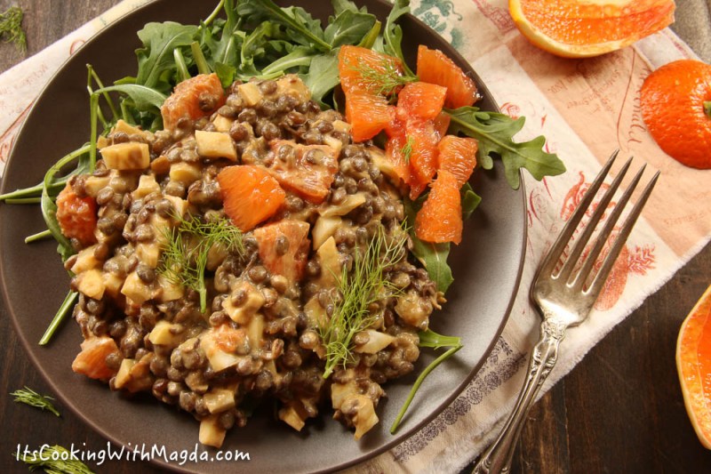 orange, lentil, fennel salad with tahini dressing