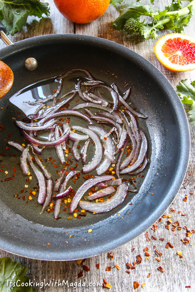 sliced red onion cooked with red pepper flakes in olive oil