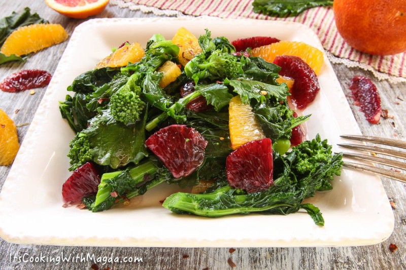 a salad of oranges and blanched broccoli rabe