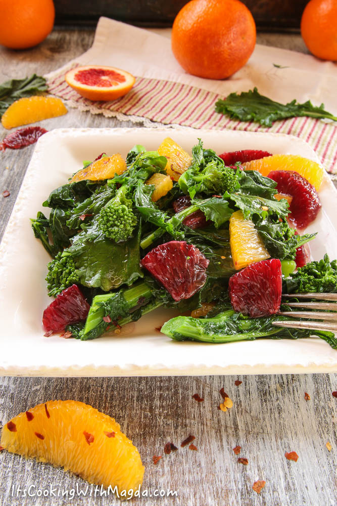 broccoli rabe with blood orange pieces and spicy dressing