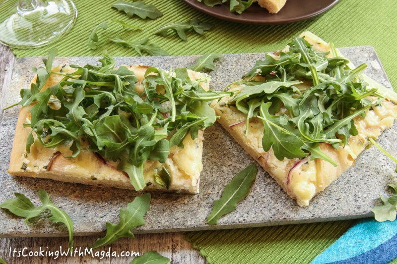 white pizza with arugula