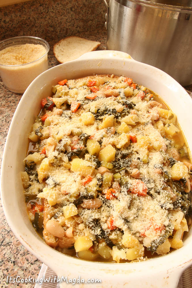 bread and veggies soup before baking