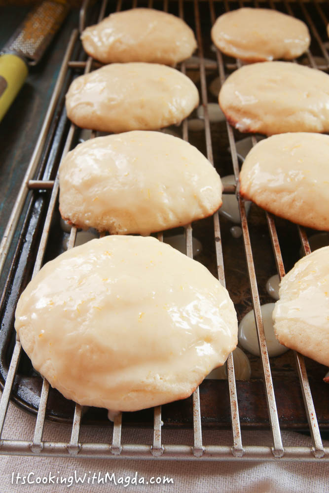 glazed lemon cookies on a cooling rack