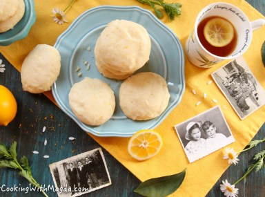 ricotta lemon cookies on a blue plate