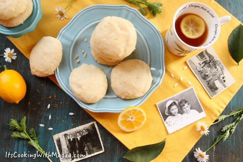 ricotta lemon cookies on a blue plate