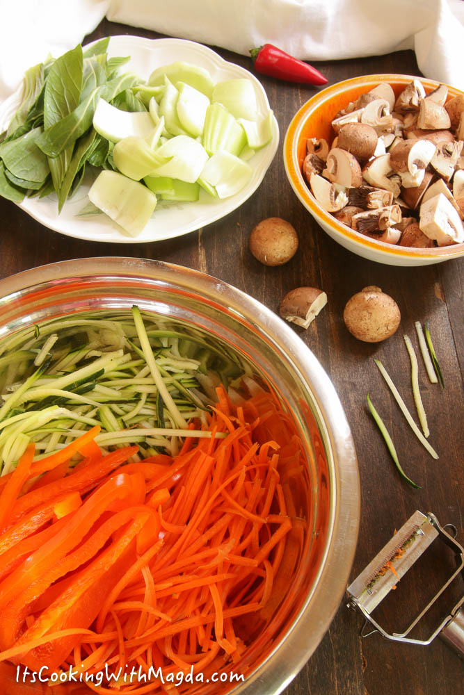 julienned vegetables, mushrooms and bok choy