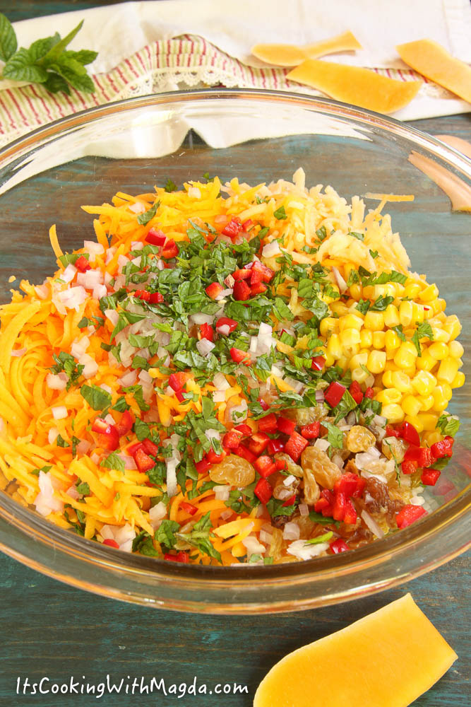 grated squash, apple, corn, mint