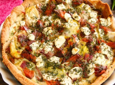 quiche with goat cheese, salmon, dill