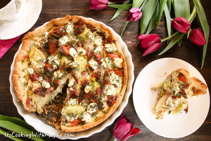 mother's day quiche with artichoke hearts, goat cheese and salmon
