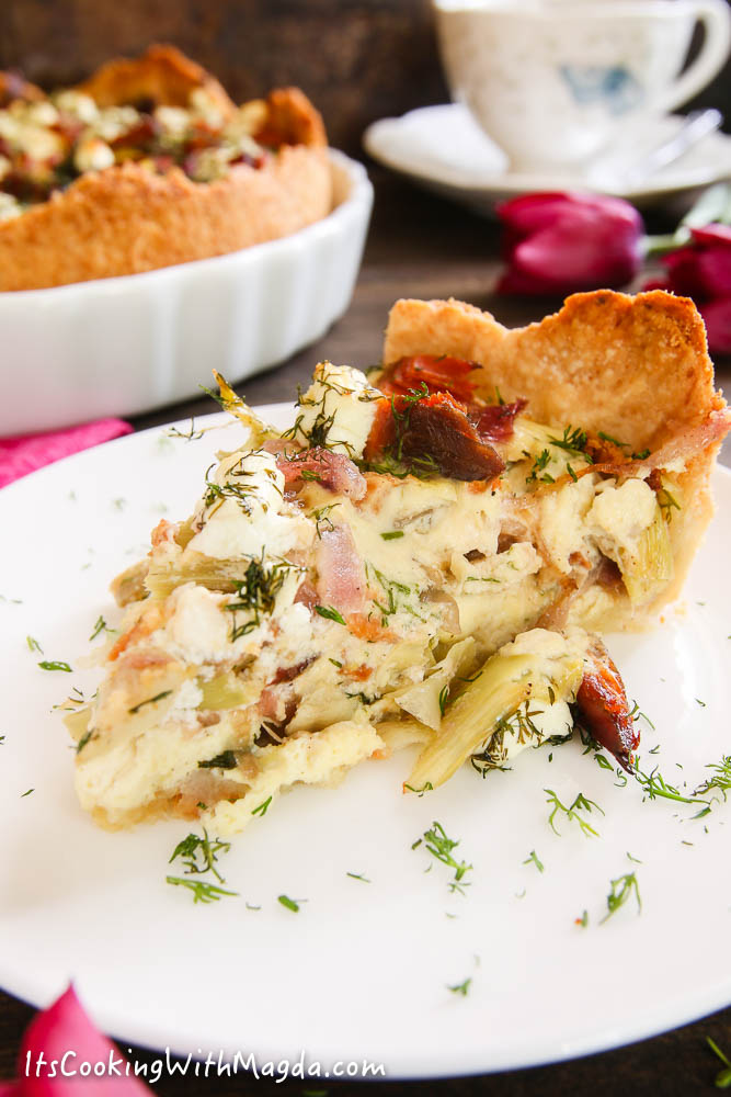 slice of artichoke and smoked salmon quiche