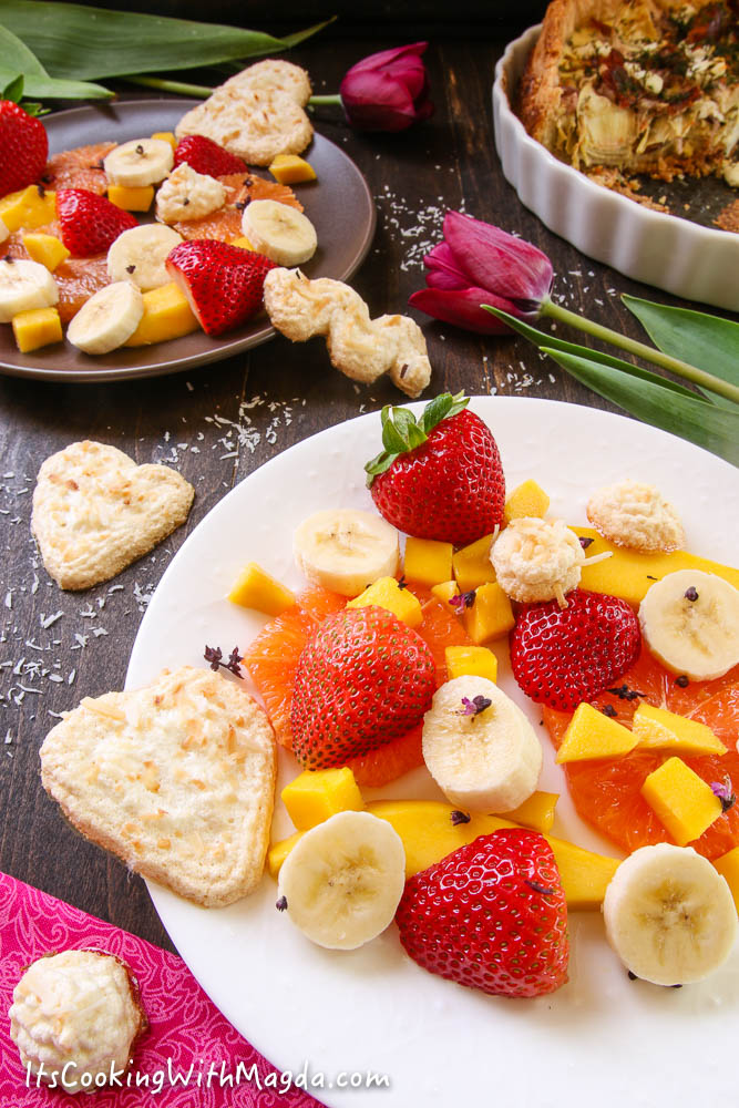 coconut meringues with fruit salad