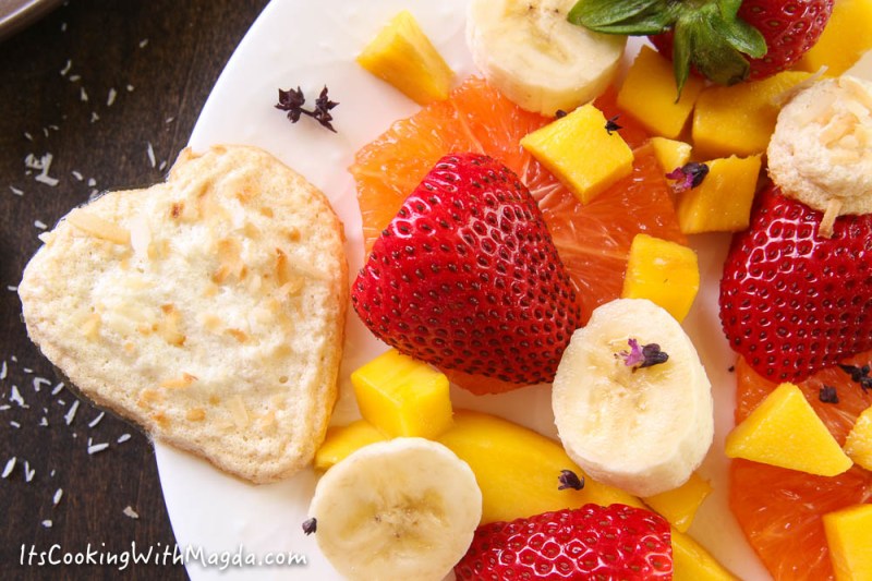 fruit salad and heart shaped coconut meringues