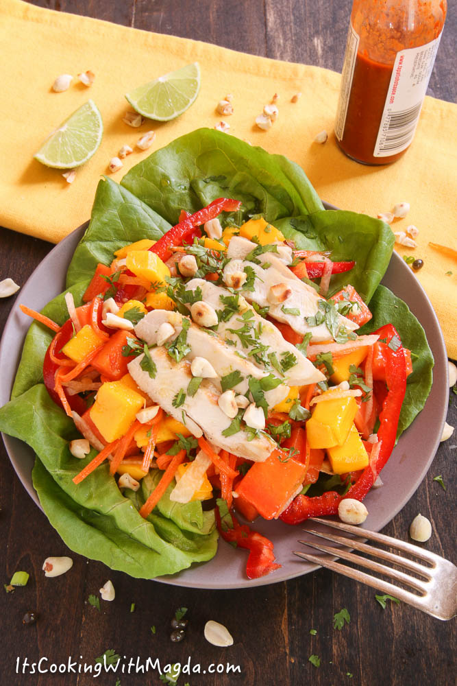 papaya and mango salad with chicken and lime tabasco dressing