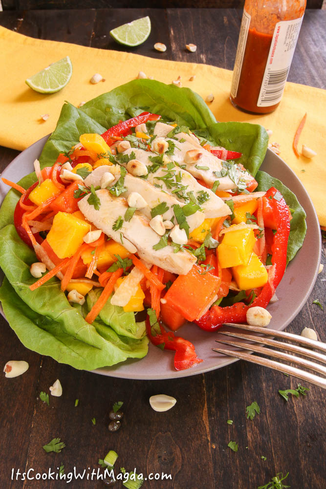 thai chicken salad with mango and papaya with spicy dressing