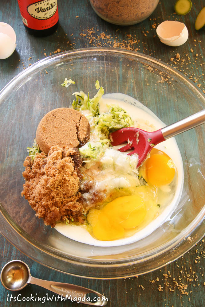 grated zucchini with eggs, sugar, yogurt and spices