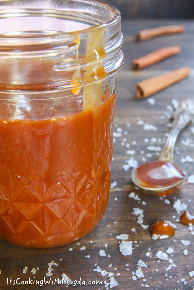 a close up of spiced caramel sauce in a jar