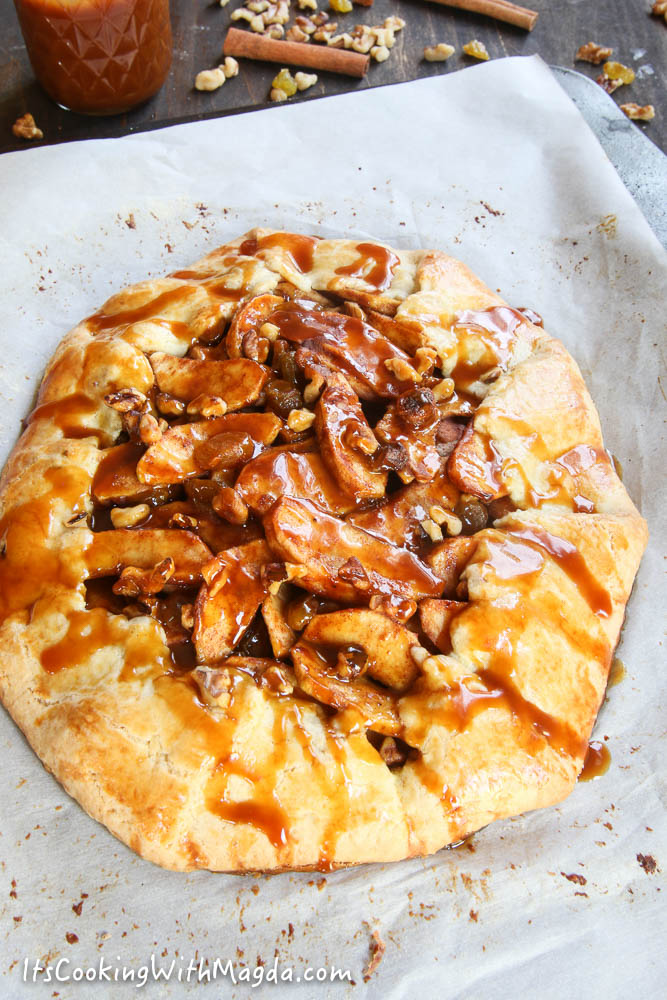 baked apple galette with caramel sauce