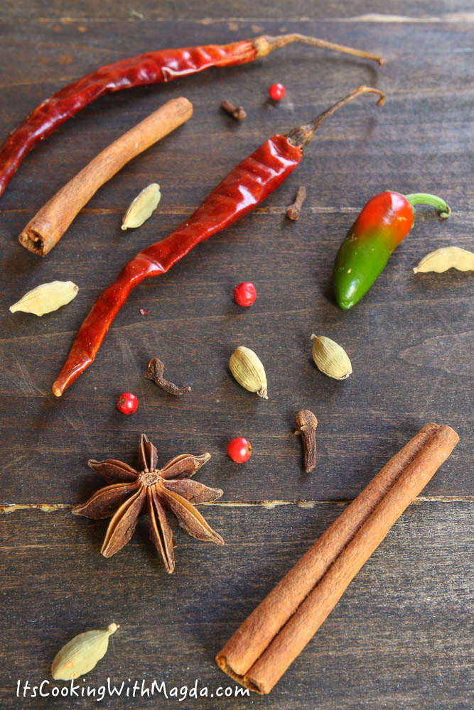 anise star, cardamom, cinnamon sticks and chiles
