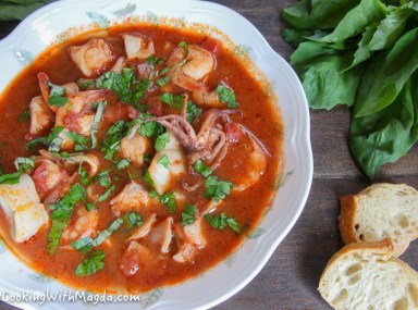 cioppino in a white bowl