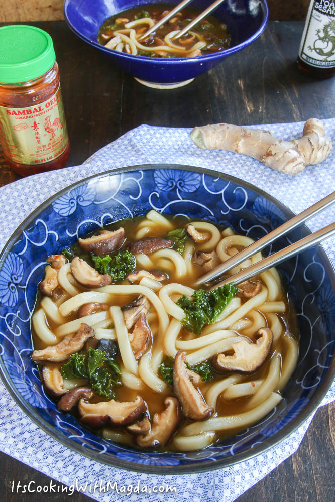 Udon noodles with mushrooms and greens