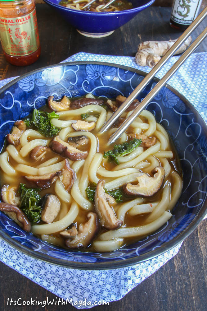 udon noodles with mushroom broth and greens