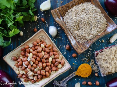 indian eggplants, sesame seeds, nuts, spices