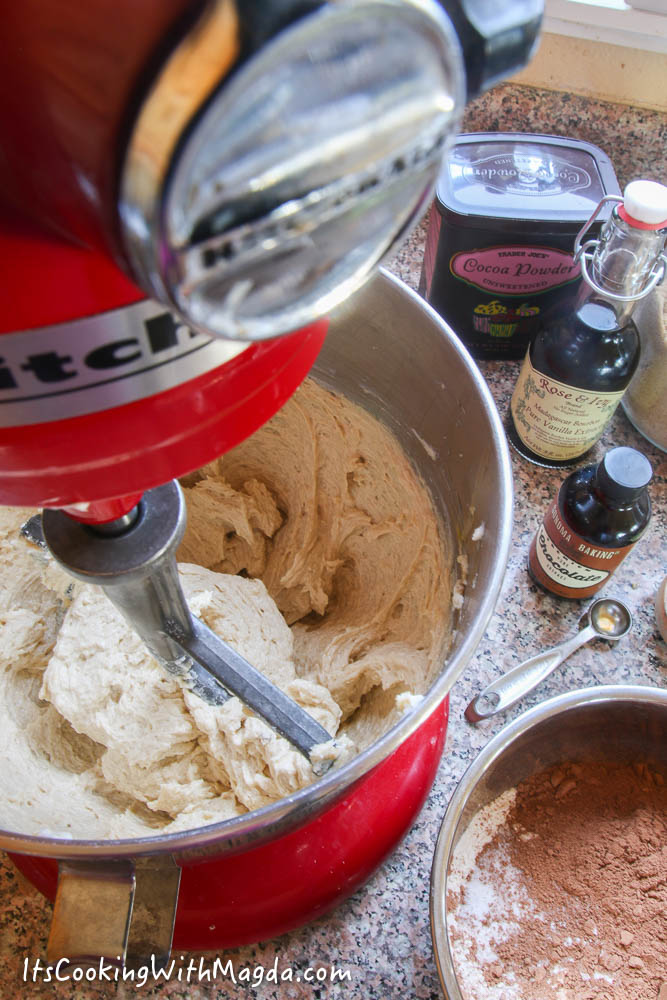 cookie dough in a red mixer