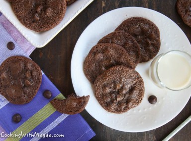chocolate cookies and a glass of milk on a white plate